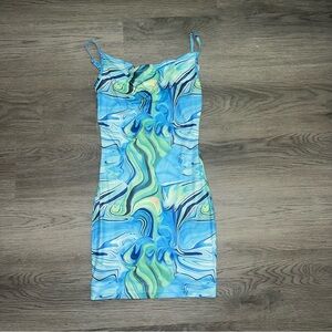 Blue mini bodycon dress cowl neck